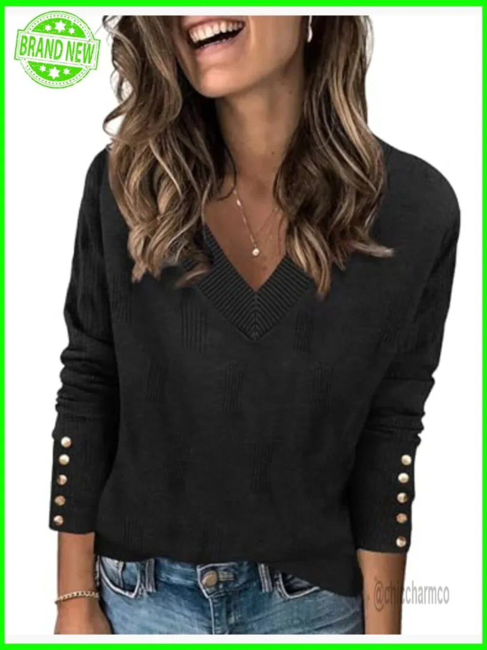 Lightweight Ribbed Knit Pullover Sweater with V-Neck and Button Cuffs